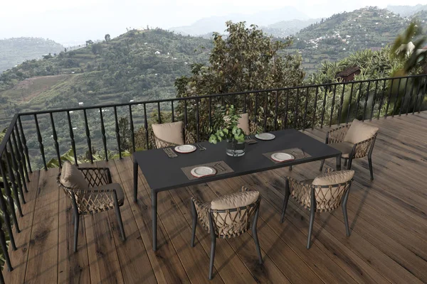 Moderna varanda de design de interiores escandinava com mesa de jantar e pratos. Terraço ao ar livre 3D renderizar ilustração com fundo vista natureza. — Fotografia de Stock