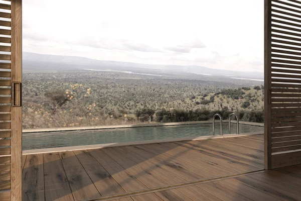 Skandinavisk modern design trä utomhus terrass. 3D render illustration med vackra berg utsikt bakgrund. — Stockfoto