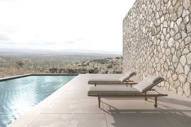 Scandinavian modern design outdoor terrace with sun loungers. 3d render illustration with beautiful nature view background.