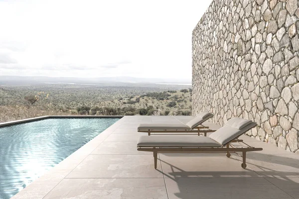 Design scandinave moderne terrasse extérieure avec chaises longues. Illustration de rendu 3d avec beau fond de vue nature. — Photo