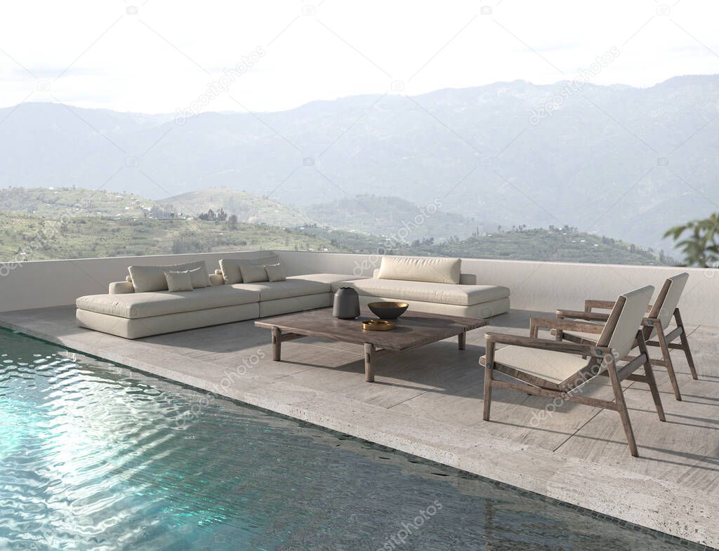 Scandinavian design lounge zone on balcony. Large sofa with swimming pool and nature view background. House outdoor terrace 3d render illustration.