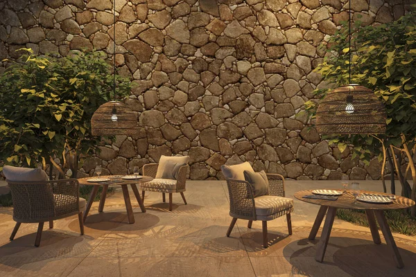 Café terraza al aire libre de estilo escandinavo con muebles de mimbre y árboles. Luz nocturna. Mock up muro de piedra. ilustración de renderizado 3d. —  Fotos de Stock