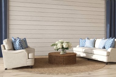 Kıyı tasarım salonu. Evdeki rahat arka planda beyaz bir duvar oluşturun. Hampton biçimi 3D görüntüleme.