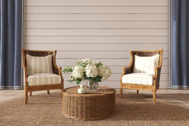 Kıyı tasarım salonu. Evdeki rahat arka planda beyaz bir duvar oluşturun. Hampton biçimi 3D görüntüleme.