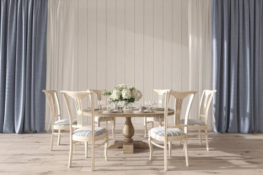 Sahil tasarımı düğün odası. İçi yemek masasıyla dolu. Evin arka planında beyaz bir duvar oluşturun. Hampton biçimi 3D görüntüleme.