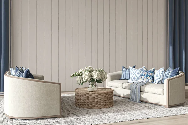 Kıyı tasarım salonu. Evdeki rahat arka planda beyaz bir duvar oluşturun. Hampton biçimi 3D görüntüleme.