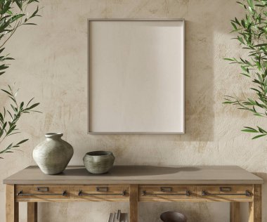 Zeytin ağaçlı İskandinav tasarım odası. Konforlu ev arka planında model çerçeve. Çiftlik evi biçimi 3d görüntüleme.