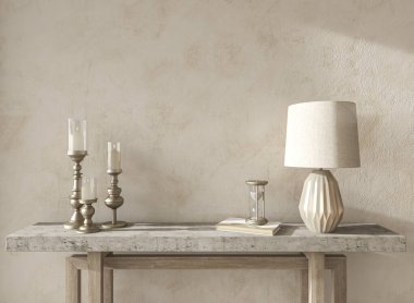 İskandinav tasarım odası. Evin arka planında rahat bir duvar var. Çiftlik evi biçimi 3d görüntüleme.