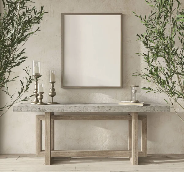Zeytin ağaçlı İskandinav tasarım odası. Konforlu ev arka planında model çerçeve. Boho biçimi 3d görüntüleme.
