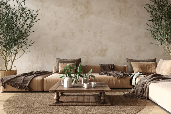 Skandinavischen Landhausstil beige Wohnzimmer Interieur mit natürlichen Holzmöbeln. Mock up Gipswand Hintergrund. 3D-Darstellung. — Stockfoto