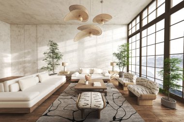 Doğal malzemeler, organik dokular, heykel şeklinde rattan kolye ışıkları ve dağ manzaralı geniş pencereli parlak ve havadar oturma odası.. 