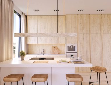 Temiz modern mutfak, hafif ahşap dolaplar, bar tabureleri, yumuşak perdeleri ve büyük pencerelerden gelen sıcak doğal ışık içeren beyaz bir ada.. 