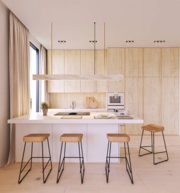 Temiz beyaz bir adaya sahip modern mutfak, sıcak ahşap dolaplar, bar tabureleri ve geniş perdelerden gelen yumuşak gün ışığı.. 