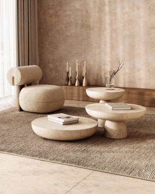 Boho İskandinav tarzında rahat bir okuma köşesi, eşsiz bir sandalye ve yuvarlak taş bir masa, rahatlatıcı bir geri çekilme için mükemmel. 3d hazırlayıcı