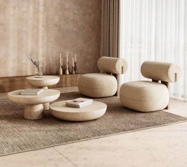 Boho İskandinav tarzında rahat bir okuma köşesi, eşsiz bir sandalye ve yuvarlak taş bir masa, rahatlatıcı bir geri çekilme için mükemmel. 3d hazırlayıcı