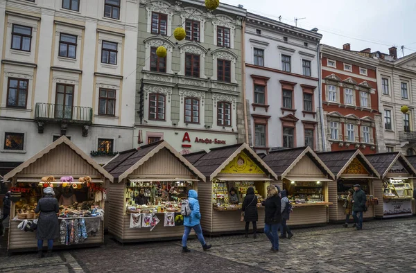 Lviv Ukraine December 2019 Crowd People Walking Trade Tents Christmas — Stock Photo, Image