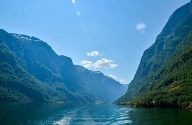 Norveç 'in batısındaki Gudvangen yakınlarındaki Sognefjord' daki sudan güzel bir manzara.