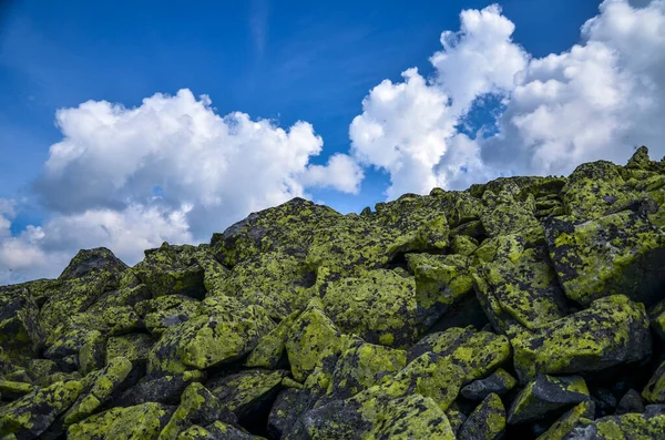 Grandes Pierres Lichen Contre Colline Couverte Nuages Dans Région Gorgany — Photo