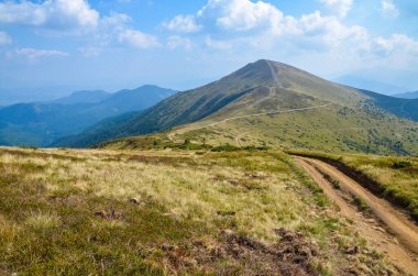 Dağ zirvesine giden toprak yol yokuş yukarı. Yazın dağlık güzel bir manzara. Svydovets dağ sırtı, Karpatlar, Ukrayna