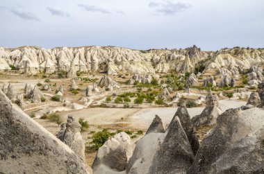 Türkiye 'nin Kapadokya kentindeki alışılmadık kayalık manzaraya.