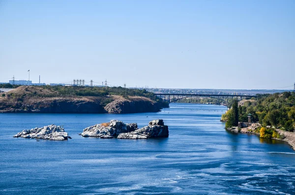 Landschap Uitzicht Waterkrachtcentrale Aan Rivier Zaporizhia Het Eiland Khortytsya Oekraïne — Stockfoto