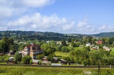 Yazın Karpat dağlarının kırsal manzarası, Karpat Dağları, vahşi dağ manzarası Vorohta, Ukrayna