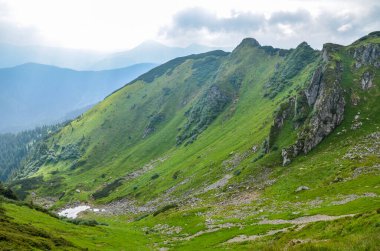 Görkemli dağ sıraları ve yeşil yemyeşil otlarla kaplı engebeli tepeler, Marmarosy sırtı, Karpatya, Ukrayna 