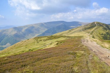 Dağ sırtları ve mesafeye uzanan bir patika. Svydovets tepelerinin yamaçları, Dragobrat, Karpatlar, Ukrayna