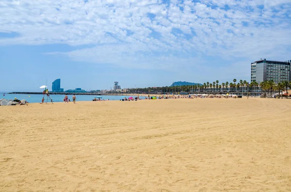 Barceloneta sahilinin güzel manzarası. Palmiye ağaçları harika ve bulutlu bir günde. Arka planda Barselona İspanya 'nın bir kısmı var.