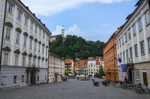 Панорама Любляни Водяний Фонтан Замок Задньому Плані Cityscape Slovenian Capital — стокове фото