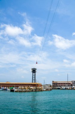 Montjuic 'e telgraf çek. Port Vell işi ve Barcelona' daki eğlence merkezi. Katalonya. İspanya