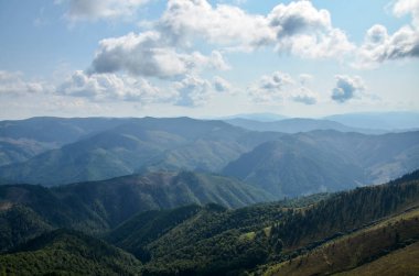 Dağların ve çayırların üstündeki hava manzarası. Bir yaz gününde güzel bir manzara. Ukraynalı Karpatyalı. Dağlarda tatiller.