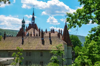 Ukrayna 'nın Mukachevo kenti yakınlarında ortaçağ Shenborn Kalesi' nin keskin çatıları ve çanı olan bir kule. Mimari ayrıntılar