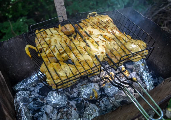 Gros Plan Harcoal Barbecue Extérieur Poulet Sur Gril Avec Des — Photo