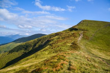 Tepeler, çimenli çayırlar ve yeşil ağaçlar mavi gökyüzü ve beyaz bulutların altında manzaralı dağ zeminine karşı. Svydovets sırtı, Karpatlar, Ukrayna