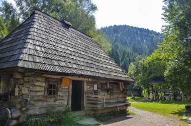 KOLOCHAVA, UKRAINE 17 AĞUSTOS 17 2018: Ormanın kenar mahallelerindeki geleneksel Ukrayna ahşap ev Kolochava köyü, Transcarpathian, Ukrayna