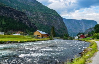 Flam Köyü 'ne git. Ahşap evler ve yeşil çimlerle kaplı bir dağın eteğindeki temiz nehir. Norveç 'te yaz sahnesi. Doğa konseptinin güzelliği.