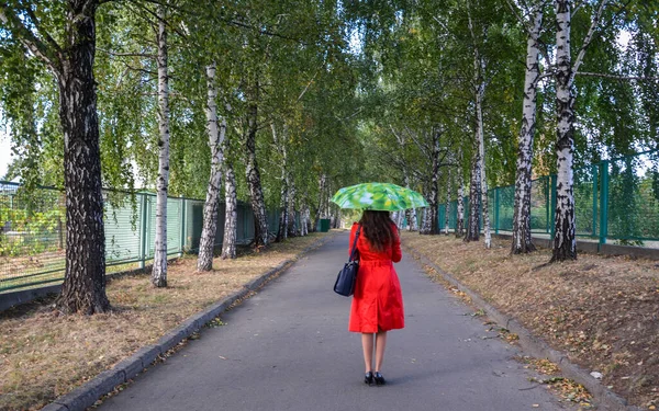 Одинокая Красивая Девушка Красном Пальто Гуляет Зеленым Зонтиком Осеннем Парке — стоковое фото