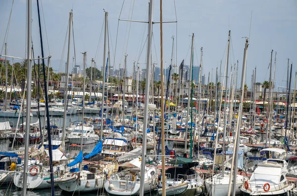 Viele Boote Yachten Und Segelboote Vor Anker Port Olimpic Marina — Stockfoto