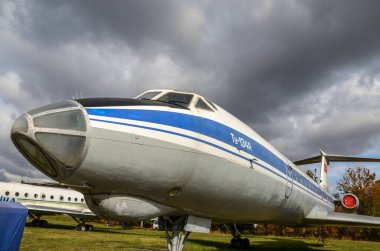 KYIV, UKRAINE OCTOBER 6 2019: Tu-134A Regional passenger plane The first Soviet short-haul jet passenger liner at exhibition in Zhuliany State Aviation Museum clipart