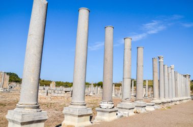Türkiye 'nin Antalya kenti yakınlarında yer alan antik Roma kenti Perge' de mermer sütunlar dizisi.