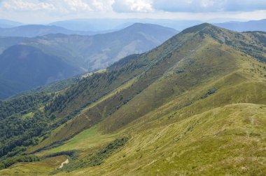Alp manzarası, mavi gökyüzü ve Karpatlar 'ın üzerinde beyaz bulutlar. Dağlar Ukrayna 'nın doğal manzarası