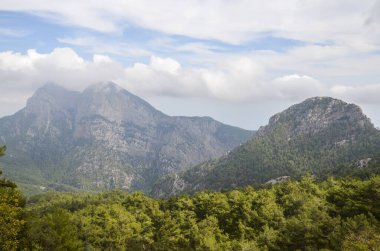 Türkiye 'nin ünlü Likya Yolu turizm yolu üzerindeki ağaçlarla kaplı Taurus dağlarının manzarası
