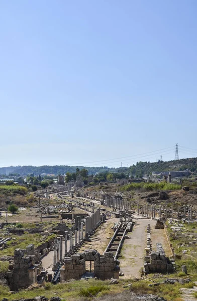Zřícenina Starověkého Města Lycian Perge Nachází Blízkosti Města Antalya Turecku — Stock fotografie