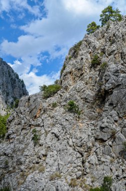 Türkiye 'nin ünlü Lycian Yolu turizm yolundan yeşil dağ çayırında kayalıkları olan Taurus Dağları' ndaki dağ sırtına, taşlı tepelere bakın.