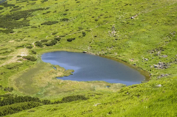 Vedere Înălțime Lacul Nesamovyte Sub Deal Printre Munții Verzi Peisajul — Fotografie, imagine de stoc