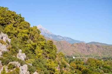 Yokuştaki çam ormanına, Cirali köyüne, dağ sırasına ve mavi gökyüzünün altındaki Tahtali Dağı 'na bakan güzel manzara, Lycian yolu, Türkiye