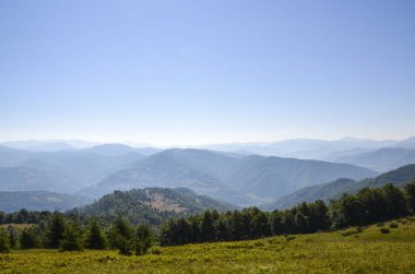 Uçsuz bucaksız dağ vadisi manzarası katmanlı tepeler, yeşil çayırlar ve parlak mavi gökyüzünün altında yoğun ormanlar. Doğa ve seyahat görselleri için mükemmel, barışçıl, geniş bir doğa. Karpatlar