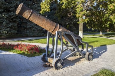 Büyük, paslı antika top gri metal bir taşıma yolu üzerinde duruyor. Kırmızı çiçekler ve yeşil çimlerin yanında, arkasında koyu yeşil ağaçlar var.