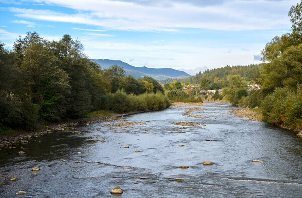 Спокойная река Черемош проходит через пышный лес с скалистыми отмелями и далекими горами под ясным небом. Мирный, природный ландшафт идеально подходит для путешествий, проектов о природе и образе жизни на открытом воздухе